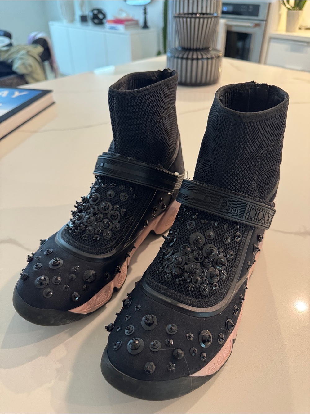 Dior Black Embellished Sock Sneakers with Pink Midsole - Picture 3 of 9